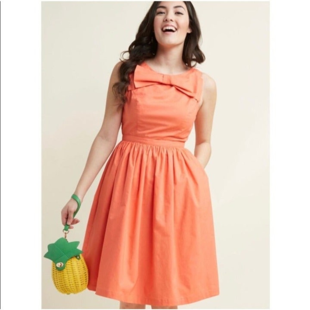 ModCloth Coral Revel and Relish Fit and Flare Dress Bow Detail